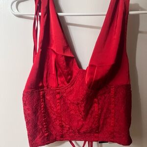 Red Lace Blouse with Plunging V-Neckline